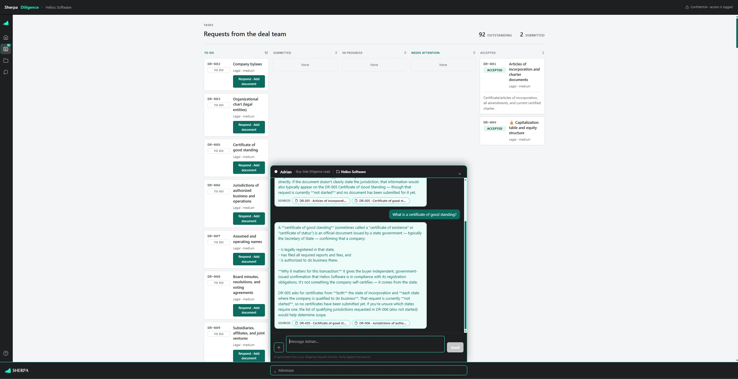 AI diligence lead answering from the source documents