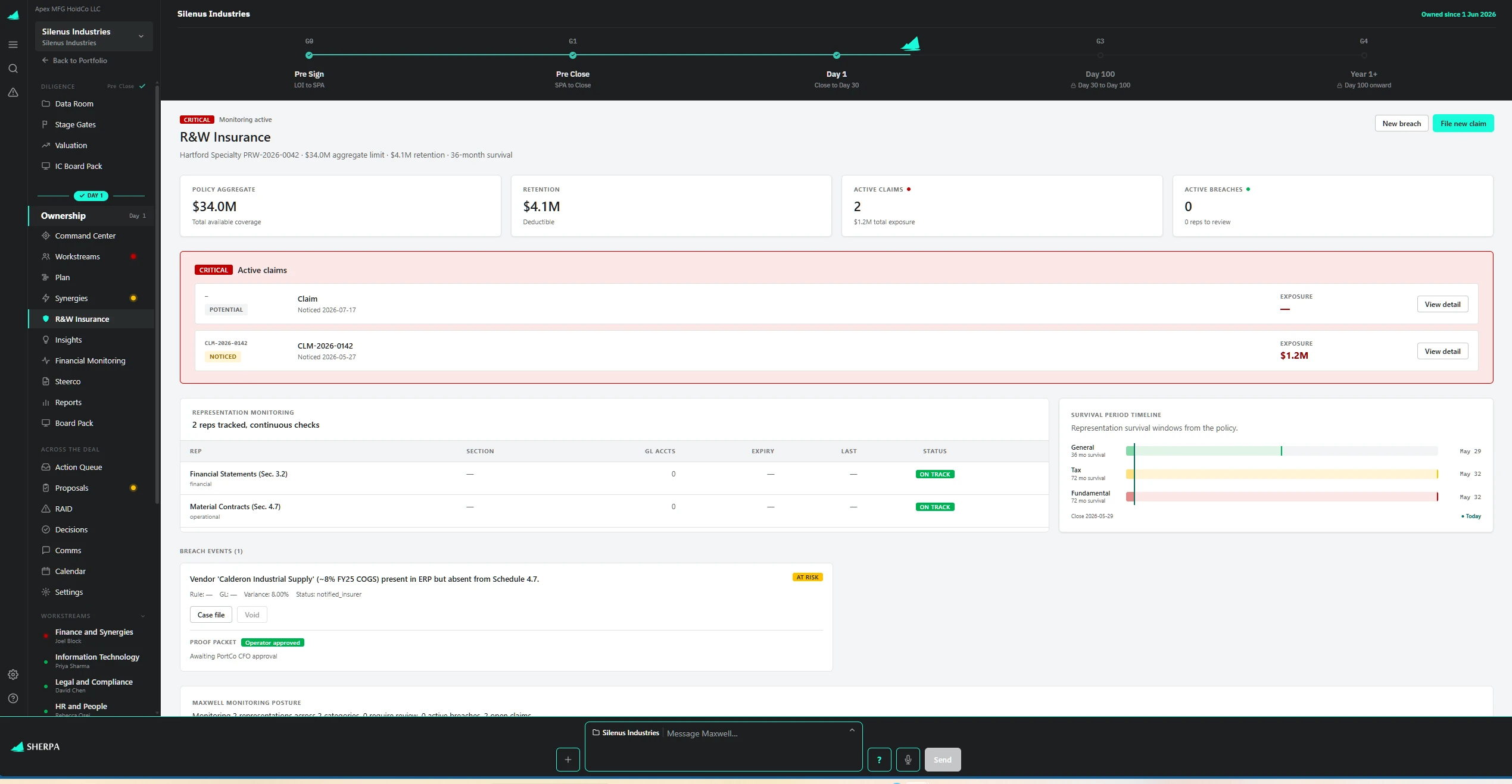 Reps and warranties monitoring with policy limits, claims register, and survival timeline